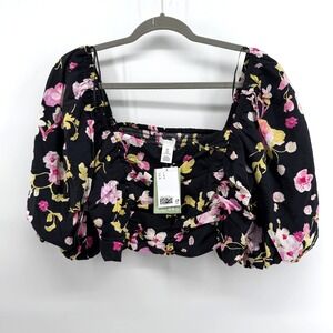 H&M Blouse Puff Sleeve Floral Large Black Womens Square Neck Crop Top NWT